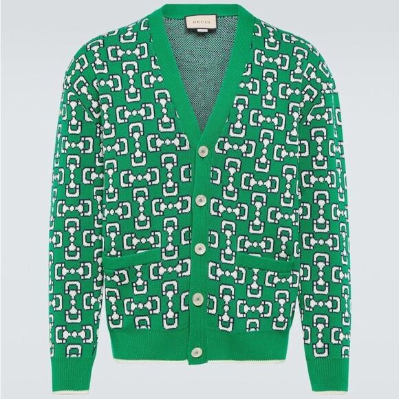 Brand new men’s size M Gucci Green Geometric Cardigan Sweater Horsebit jacquard - Picture 1 of 12